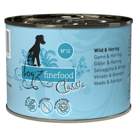 Dogz Finefood Classic N.12 Dziczyzna i śledź puszka 200g - All4Animals