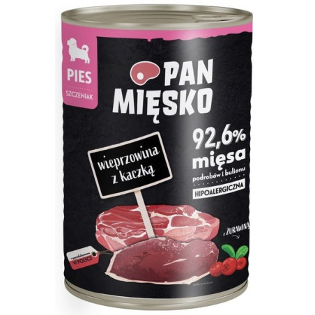 Pan Mięsko Karma mokra dla szczeniąt Wieprzowina z kaczką puszka 400g - All4Animals