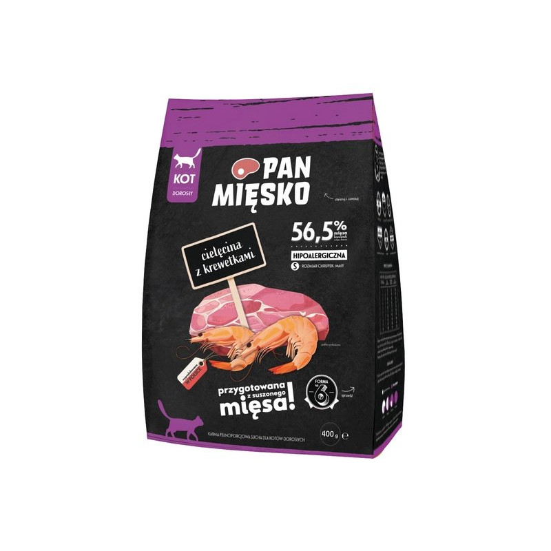 Pan Mięsko Karma sucha dla kota - cielęcina i krewetki chrupki S 400g - All4Animals