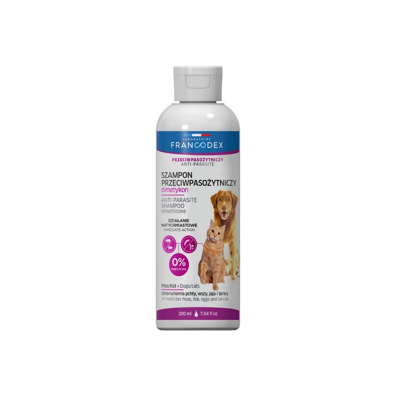 Francodex Szampon z dimetykonem przeciw pasożytom dla psa i kota 200ml - All4Animals