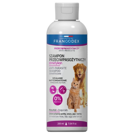 Francodex Szampon z dimetykonem przeciw pasożytom dla psa i kota 200ml - All4Animals