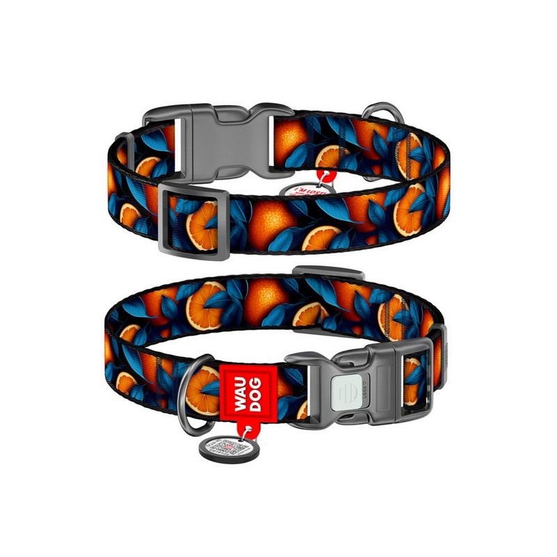 Collar WauDog Nylon Obroża nylonowa z QR-paszportem, plastikowy fastex, wzór POMARAŃCZE, 20mm/28-40cm - All4Animals