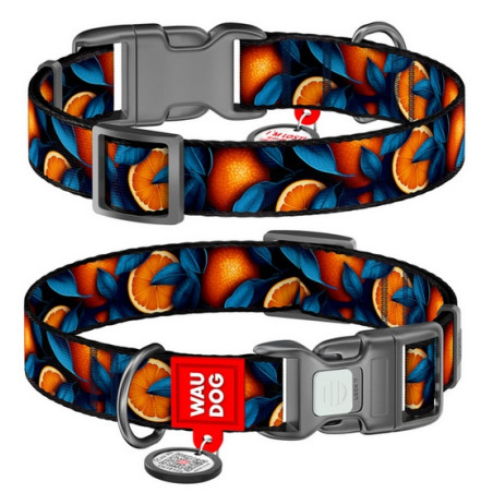 Collar WauDog Nylon Obroża nylonowa z QR-paszportem, plastikowy fastex, wzór POMARAŃCZE, 20mm/28-40cm - All4Animals