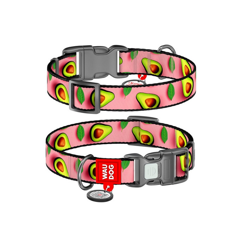 Collar WauDog Nylon Obroża nylonowa z QR-paszportem, plastikowy fastex, wzór AWOKADO NA RÓŻU, M 20mm/28-40cm - All4Animals