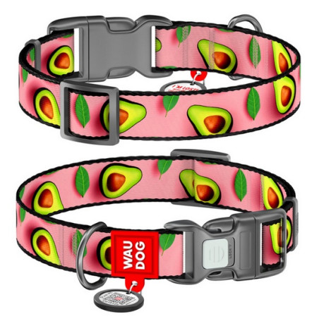 Collar WauDog Nylon Obroża nylonowa z QR-paszportem, plastikowy fastex, wzór AWOKADO NA RÓŻU, S 15mm/25-35cm - All4Animals