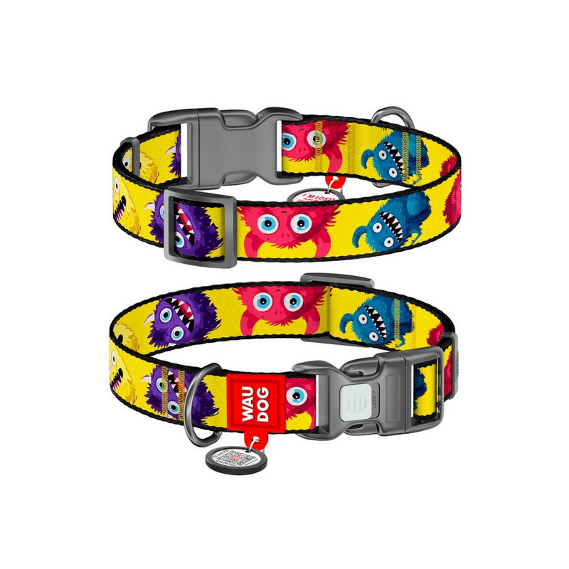 Collar WauDog Nylon Obroża nylonowa z QR-paszportem, plastikowy fastex, wzór FUTRZANE POTWORY, M 20mm/28-40cm - All4Animals
