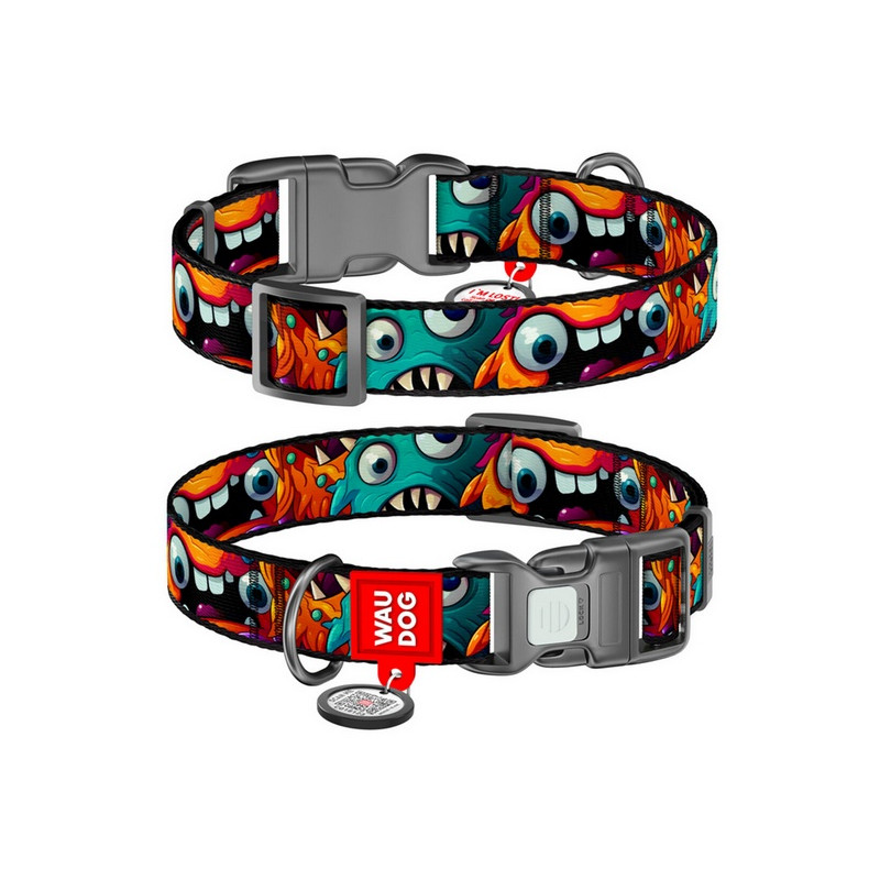 Collar WauDog Nylon Obroża nylonowa z QR-paszportem, plastikowy fastex, wzór ZĘBATE POTWORY, M 20mm/28-40cm - All4Animals