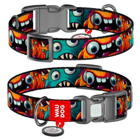 Collar WauDog Nylon Obroża nylonowa z QR-paszportem, plastikowy fastex, wzór ZĘBATE POTWORY, M 20mm/28-40cm - All4Animals
