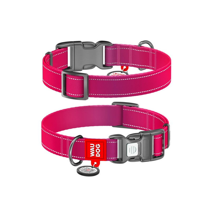 Collar WauDog Nylon Mono Obroża nylonowa odblaskowa z QR-paszportem, plastikowy fastex, S 15mm/25-35cm różowa - All4Animals
