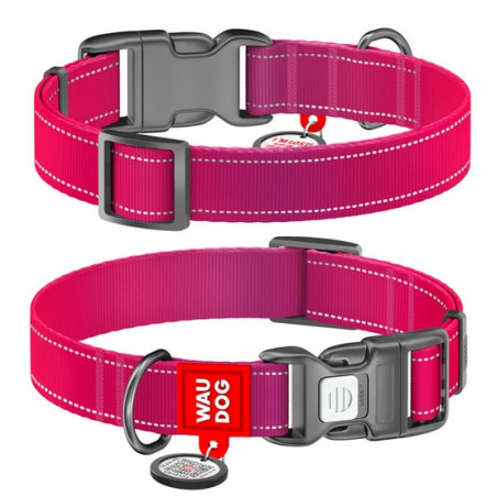 Collar WauDog Nylon Mono Obroża nylonowa odblaskowa z QR-paszportem, plastikowy fastex, S 15mm/25-35cm różowa - All4Animals