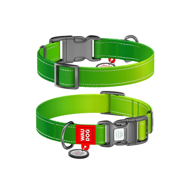 Collar WauDog Nylon Mono Obroża nylonowa odblaskowa z QR-paszportem, plastikowy fastex, M 20mm/28-40cm jasnozielona - All4Animal