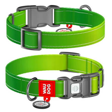 Collar WauDog Nylon Mono Obroża nylonowa odblaskowa z QR-paszportem, plastikowy fastex, M 20mm/28-40cm jasnozielona - All4Animal