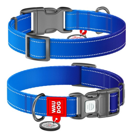 Collar WauDog Nylon Mono Obroża nylonowa odblaskowa z QR-paszportem, plastikowy fastex, L 25mm/33-49cm niebieska - All4Animals