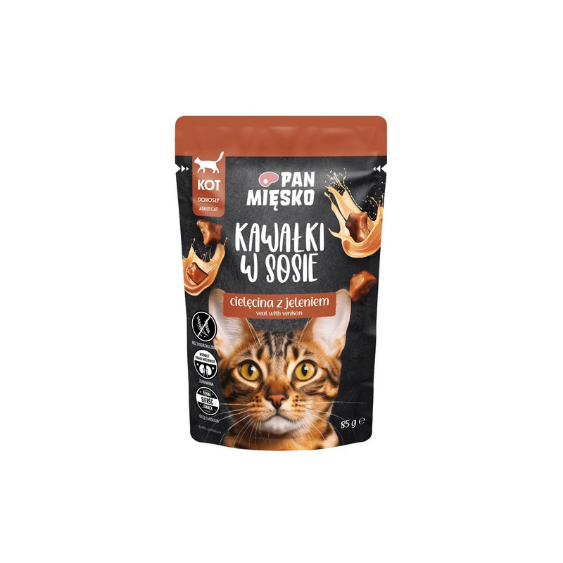 Pan Mięsko Karma mokra dla kota - cielęcina i jeleń kawałki w sosie saszetka 85g - All4Animals
