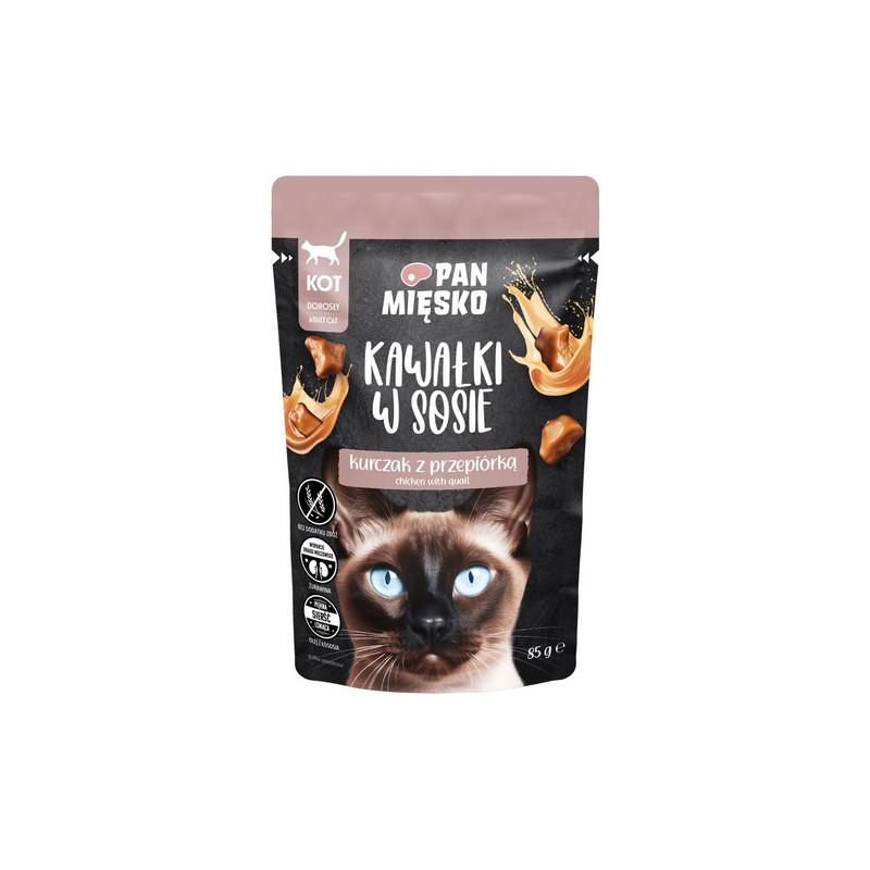 Pan Mięsko Karma mokra dla kota - kurczak i przepiórka kawałki w sosie saszetka 85g - All4Animals