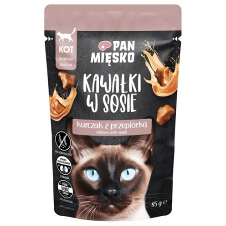 Pan Mięsko Karma mokra dla kota - kurczak i przepiórka kawałki w sosie saszetka 85g - All4Animals