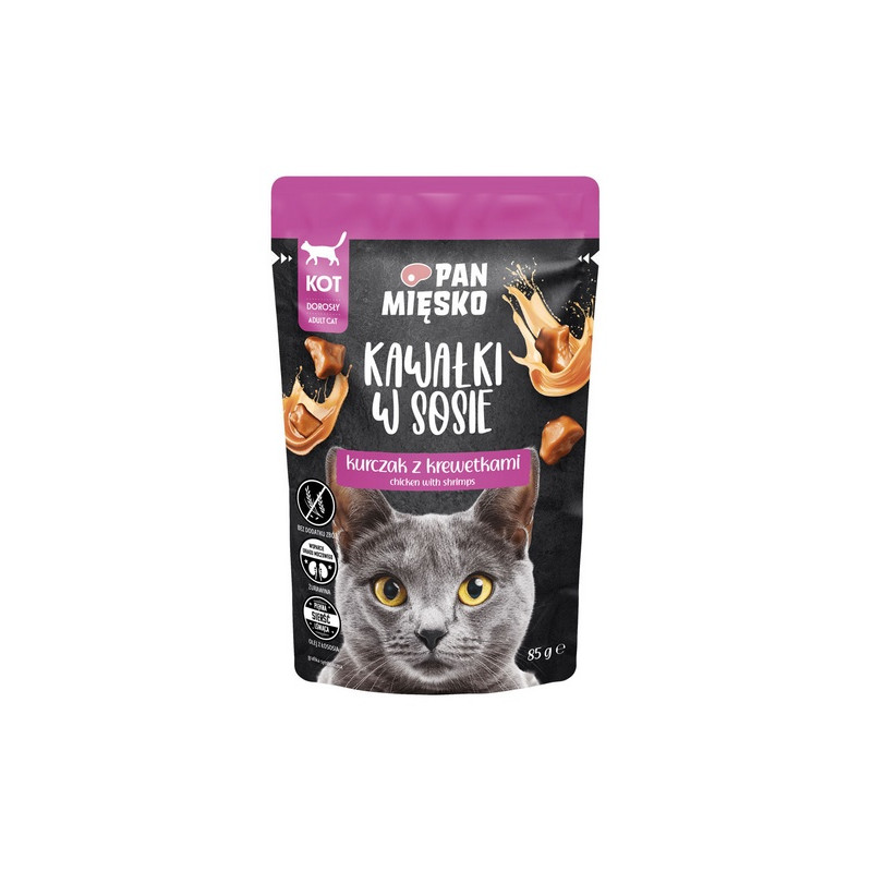 Pan Mięsko Karma mokra dla kota - kurczak i krewetki kawałki w sosie saszetka 85g - All4Animals