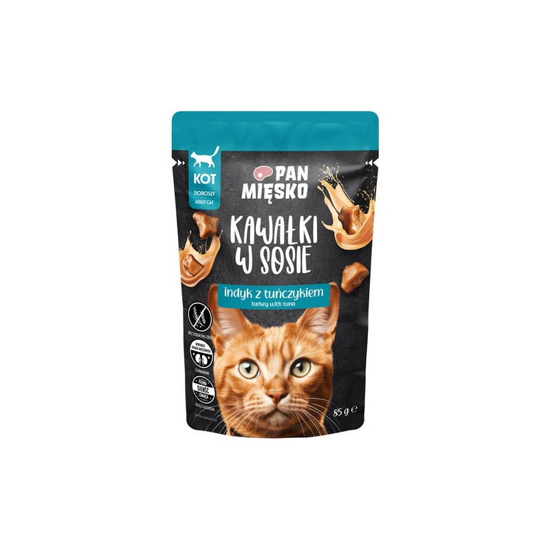 Pan Mięsko Karma mokra dla kota - indyk i tuńczyk kawałki w sosie saszetka 85g - All4Animals