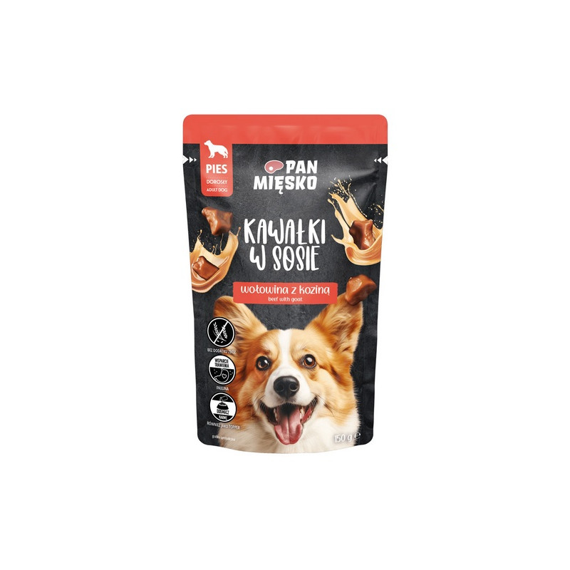 Pan Mięsko Karma mokra dla psa - wołowina z koziną kawałki w sosie saszetka 150g - All4Animals