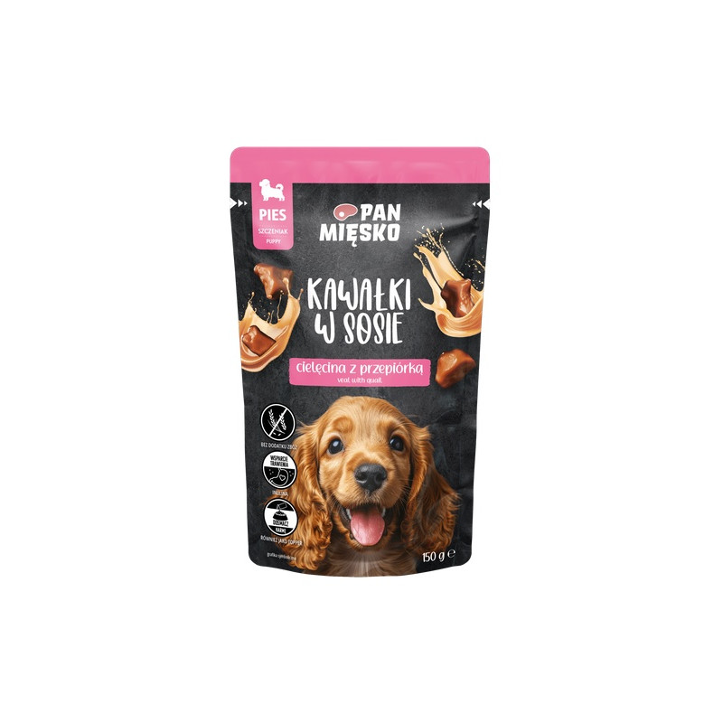 Pan Mięsko Karma mokra dla psa - Puppy cielęcina z przepiórką kawałki w sosie saszetka 150g - All4Animals