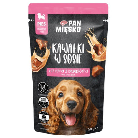 Pan Mięsko Karma mokra dla psa - Puppy cielęcina z przepiórką kawałki w sosie saszetka 150g - All4Animals