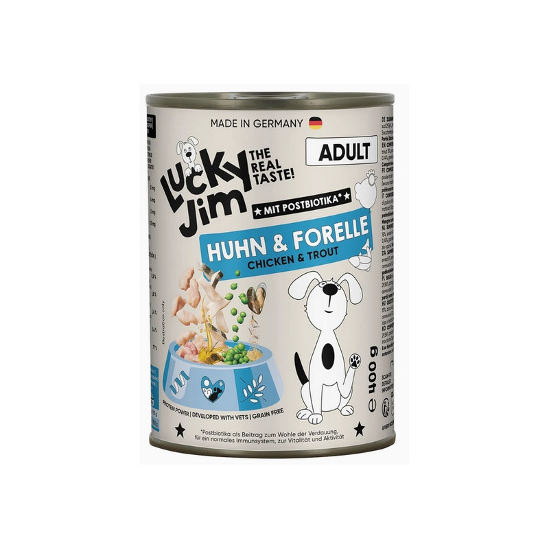 Lucky Jim Classic Adult Kurczak i pstrąg puszka 400g - All4Animals