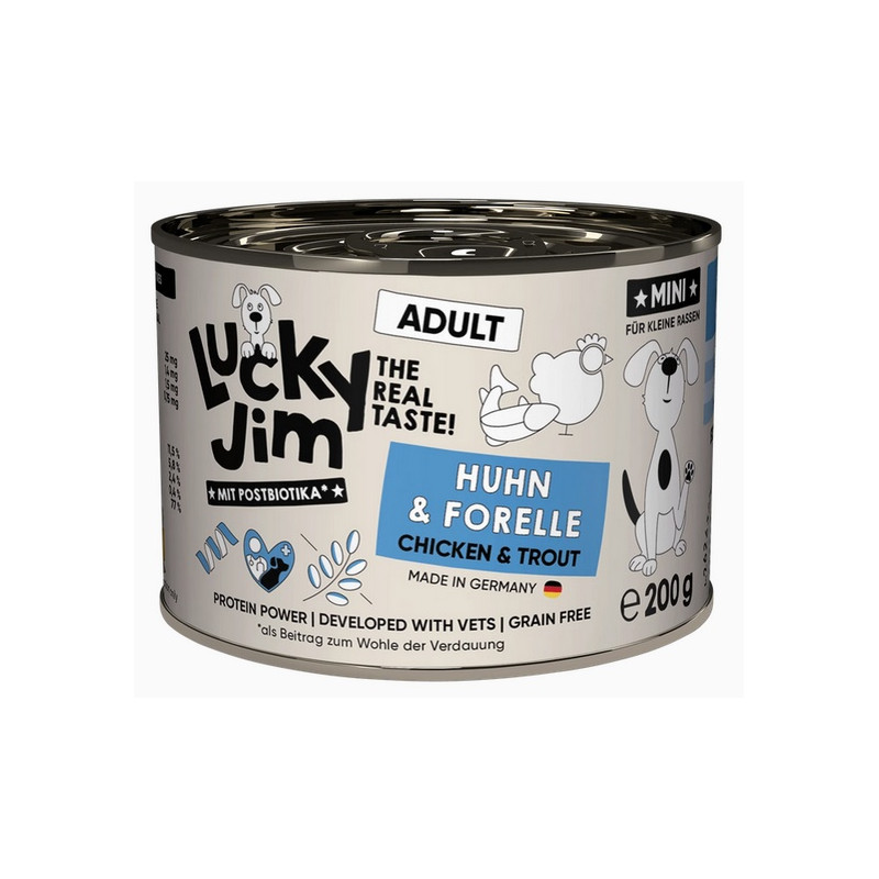 Lucky Jim Classic Mini Adult Kurczak i pstrąg puszka 200g - All4Animals